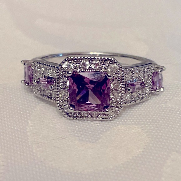 Created Pink Sapphire Princess Halo Ring Size 8 Silvertone Band - Picture 5 of 11